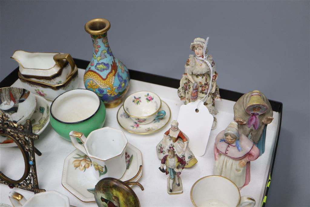 Two Royal Worcester extinguishers, mixed miniature ceramics, photo frame etc